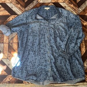 Side Stitch Blue Leopard-Print Denim Button-Front Shirt Jacket